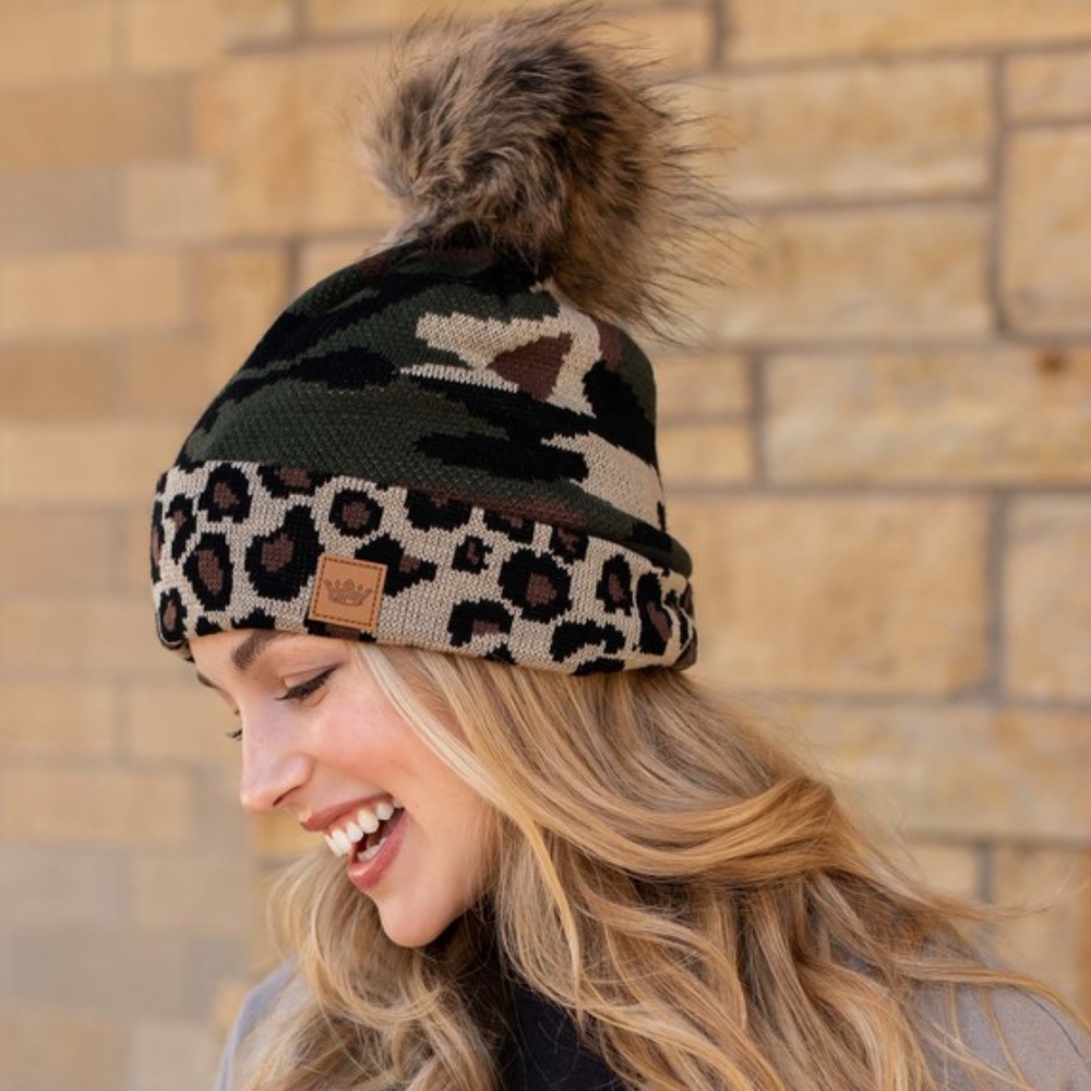 SOLD OUT Leopard & Camouflage Fleece Lined Faux Fur Pompom Winter Beanie Knit - Picture 3 of 3